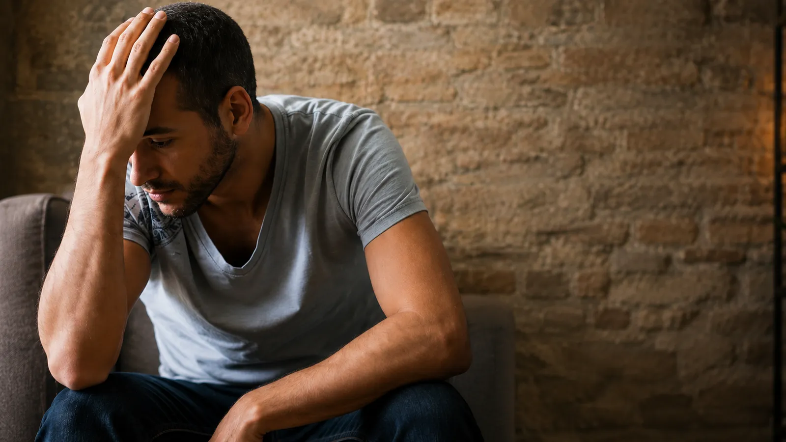 Father sitting with his head in his hand after a difficult breakup.