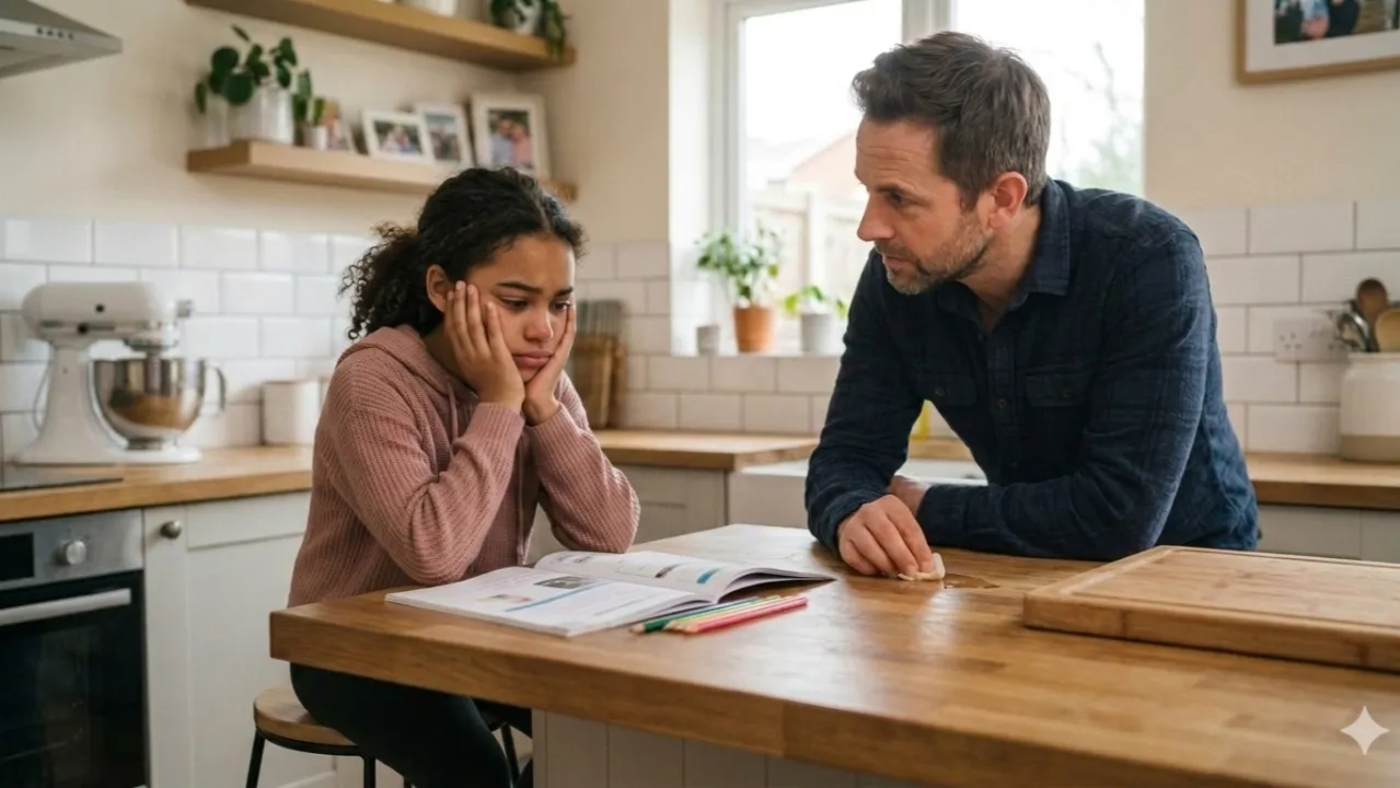 Father and daughter sitting in kitchen having important conversation