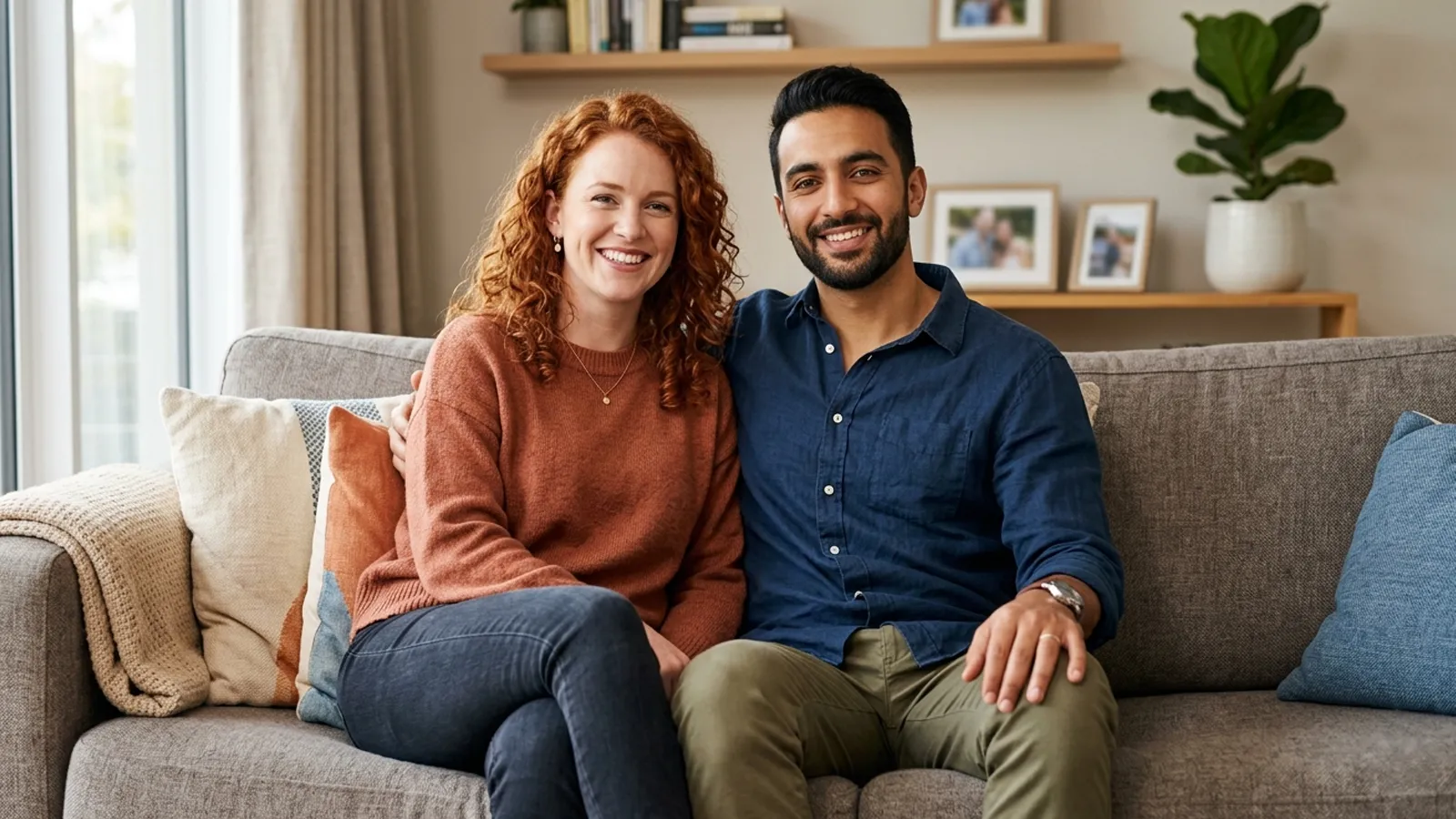 Married couple sitting together on a sofa